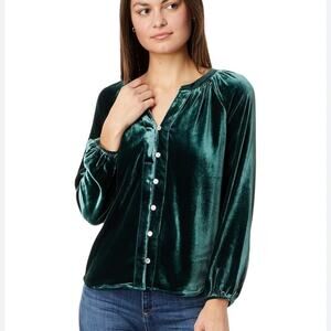 Faherty Silk Velvet Emerald Green V-Neck Blouse Stretch Naomi Sz M